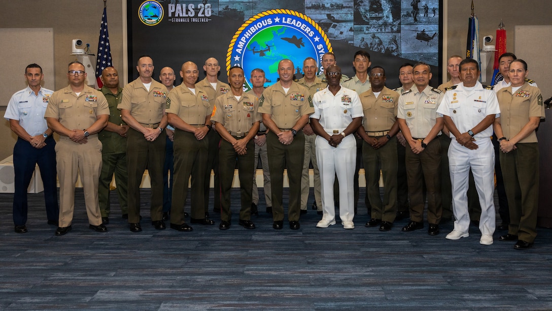 Senior enlisted leaders from across the Indo-Pacific pose for a group photo following the Command Senior Enlisted Leaders Program   during the Pacific Amphibious Leaders Symposium 2026 in Honolulu, Hawaii, June 16, 2026. Bringing together experts and leaders from across the Indo-Pacific, PALS fosters collaboration among allied and partner amphibious and maritime forces to share knowledge and recent operational insights. This year marked the 12th iteration of the symposium, hosting senior leaders from 25 participating nations committed to a free and open Indo-Pacific, with the objective of strengthening and developing regional relationships. (U.S. Marine Corps photo by Lance Cpl. Jose Villasenor)