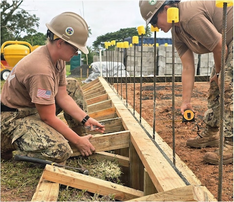 SAVUSAVU, Fiji (May 30,2026) – Steelworker 2nd Class Shannon Scoggins, left, and Construction Electrician 2nd Class Rachelle MacIntyre, assigned to Naval Mobile Construction Battalion (NMCB) 1, install kickers for a concrete slab formwork for the Nabua Schoolhouse Project as part of Pacific Partnership 2026 in Savusavu, Fiji, May 30, 2026.