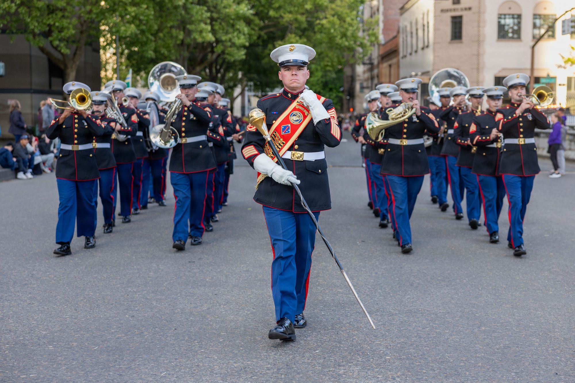 U.S. Marines with the 1st Marine Division Band, march in the Grand Floral Starlight Parade during the Portland Rose Festival Fleet Week, in Portland, Oregon, June 6, 2026. The Portland Rose Festival was a part of Portland Fleet Week and provided the opportunity to build community relations for the citizens of Oregon to interact with Marines, Sailors and Coast Guardsmen.