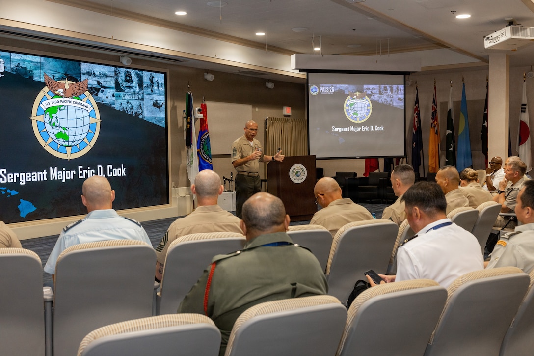 U.S. Marine Corps Sgt. Maj. Eric D. Cook, the command senior enlisted leader of U.S. Pacific Command, delivers opening remarks during the Command Senior Enlisted Leaders Program at the Pacific Amphibious Leaders Symposium 2026 in Honolulu, Hawaii, June 16, 2026. Bringing together experts and leaders from across the Indo-Pacific, PALS fosters collaboration among allied and partner amphibious and maritime forces to share knowledge and recent operational insights. This year marked the 12th iteration of the symposium, hosting senior leaders from 25 participating nations committed to a free and open Indo-Pacific, with the objective of strengthening and developing regional relationships. (U.S. Marine Corps photo by Lance Cpl. Jose Villasenor)
