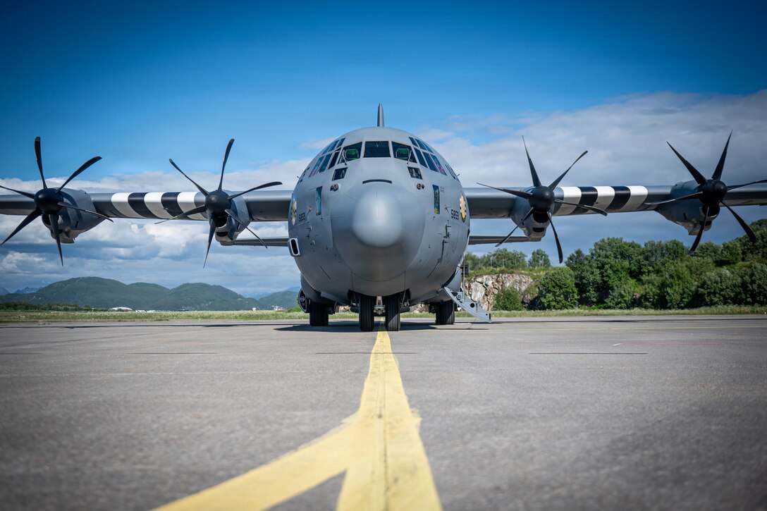 A U.S. Air Force C-130J Super Hercules aircraft assigned to the 123 Airlift Wing, Kentucky Air National Guard, is parked on the flight line in Bodø, Norway, to support an airlift mission for exercise Ramstein Flag, June 15, 2026. The 123rd AW is providing tactical airlift support to NATO Allies throughout the month of June in support of Ramstein Flag 2026, an Allied Air Command large-scale, multi-location and joint operating area exercise with 18 participating nations and more than 200 aircraft. (U.S. Air National Guard photo by Senior Airman Annaliese Billings)