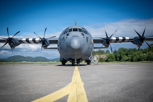A U.S. Air Force C-130J Super Hercules aircraft assigned to the 123 Airlift Wing, Kentucky Air National Guard, is parked on the flight line in Bodø, Norway, to support an airlift mission for exercise Ramstein Flag, June 15, 2026. The 123rd AW is providing tactical airlift support to NATO Allies throughout the month of June in support of Ramstein Flag 2026, an Allied Air Command large-scale, multi-location and joint operating area exercise with 18 participating nations and more than 200 aircraft. (U.S. Air National Guard photo by Senior Airman Annaliese Billings)