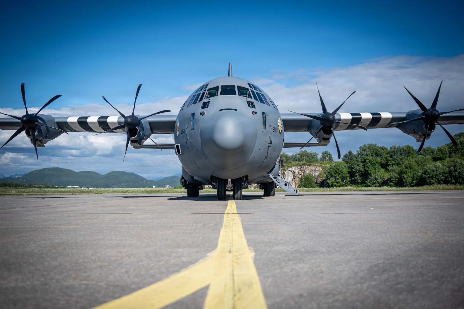 A U.S. Air Force C-130J Super Hercules aircraft assigned to the 123 Airlift Wing, Kentucky Air National Guard, is parked on the flight line in Bodø, Norway, to support an airlift mission for exercise Ramstein Flag, June 15, 2026. The 123rd AW is providing tactical airlift support to NATO Allies throughout the month of June in support of Ramstein Flag 2026, an Allied Air Command large-scale, multi-location and joint operating area exercise with 18 participating nations and more than 200 aircraft. (U.S. Air National Guard photo by Senior Airman Annaliese Billings)