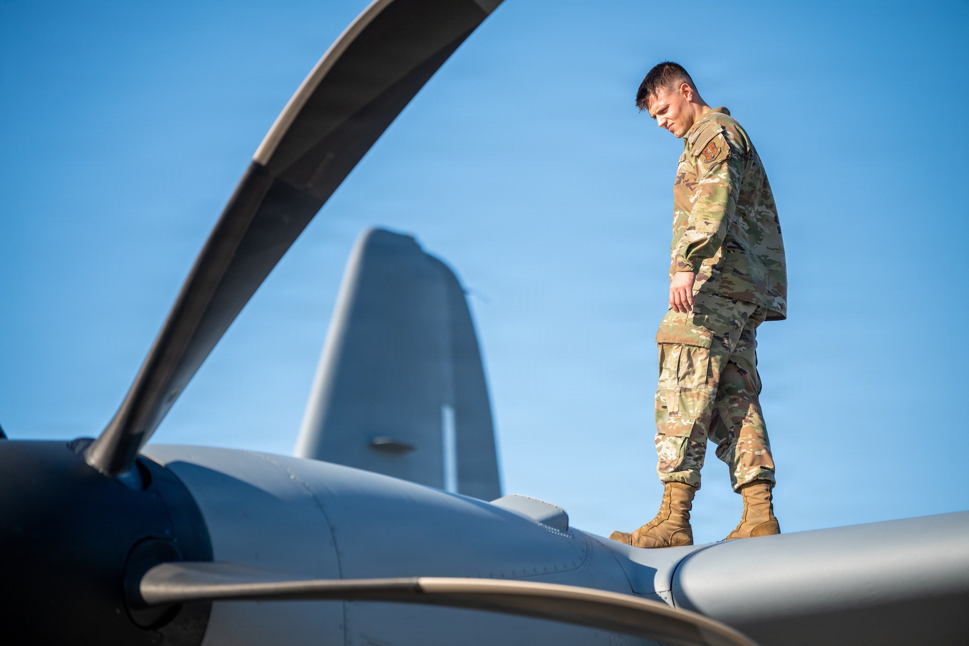 U.S. Air Force Staff Sgt. Ethan Hall, a crew chief assigned to the 123rd Maintenance Squadron, 123rd Airlift Wing, Kentucky Air National Guard, inspects a C-130J Super Hercules aircraft during an airlift mission after its arrival to Bodø, Norway, for Ramstein Flag June 15, 2026. The 123rd AW is providing tactical airlift support to NATO Allies throughout the month of June in support of Ramstein Flag 2026, an Allied Air Command large-scale, multi-location and joint operating area exercise with 18 participating nations and more than 200 aircraft. (U.S. Air National Guard photo by Senior Airman Annaliese Billings)