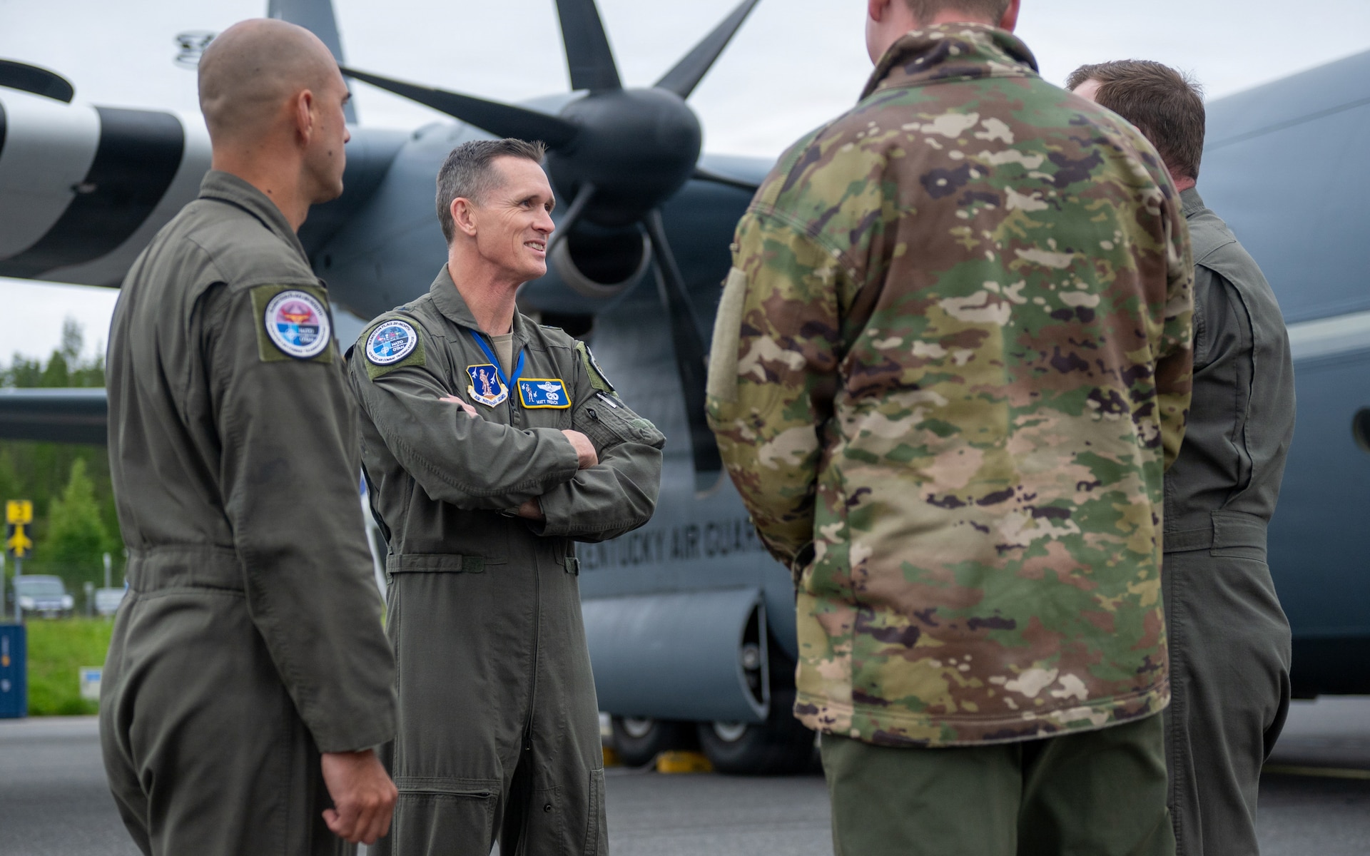 U.S. Air Force Brig. Gen. Matt French, center left, Air National Guard assistant to the commander, U.S. Air Forces in Europe-Air Forces Africa, speaks with Airmen assigned to the 123rd Airlift Wing, Kentucky Air National Guard, during a distinguished visitor event as part of exercise Ramstein Flag at Lapland Air Wing in Rovaniemi, Finland, June 16, 2026. The 123rd AW is providing tactical airlift support to NATO Allies throughout the month of June in support of Ramstein Flag 2026, an Allied Air Command large-scale, multi-location and joint operating area exercise with 18 participating nations and more than 200 aircraft. (U.S. Air National Guard photo by Senior Airman Annaliese Billings)