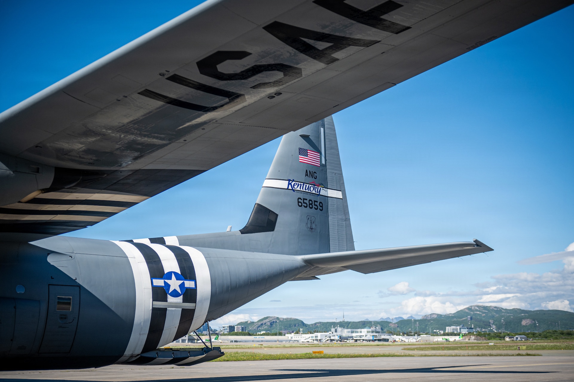 A U.S. Air Force C-130J Super Hercules aircraft assigned to the 123 Airlift Wing, Kentucky Air National Guard, is parked on the flight line in Bodø, Norway, to support an airlift mission for exercise Ramstein Flag, June 15, 2026. The 123rd AW is providing tactical airlift support to NATO Allies throughout the month of June in support of Ramstein Flag 2026, an Allied Air Command large-scale, multi-location and joint operating area exercise with 18 participating nations and more than 200 aircraft. (U.S. Air National Guard photo by Senior Airman Annaliese Billings)