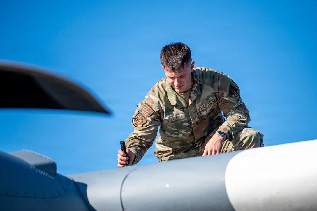 U.S. Air Force Staff Sgt. Ethan Hall, a crew chief assigned to the 123rd Maintenance Squadron, 123rd Airlift Wing, Kentucky Air National Guard, inspects a C-130J Super Hercules aircraft during an airlift mission after its arrival to Bodø, Norway, for Ramstein Flag June 15, 2026. The 123rd AW is providing tactical airlift support to NATO Allies throughout the month of June in support of Ramstein Flag 2026, an Allied Air Command large-scale, multi-location and joint operating area exercise with 18 participating nations and more than 200 aircraft. (U.S. Air National Guard photo by Senior Airman Annaliese Billings)