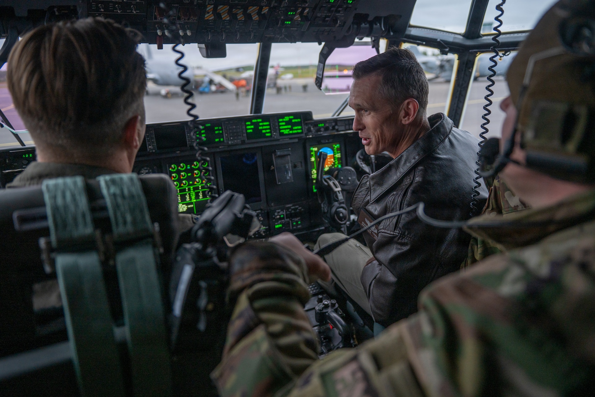 U.S. Air Force Brig. Gen. Matt French, center, Air National Guard assistant to the commander, U.S. Air Forces in Europe-Air Forces Africa, sits on the flight deck of a C-130J Super Hercules aircraft assigned to the 123rd Airlift Wing, Kentucky National Guard, during a distinguished visitor event for exercise Ramstein Flag at Lapland Air Wing in Rovaniemi, Finland, June 16, 2026. The 123AW is providing tactical airlift support to NATO Allies throughout the month of June in support of Ramstein Flag 2026, an Allied Air Command large-scale, multi-location and joint operating area exercise with 18 participating nations and more than 200 aircraft. (U.S. Air National Guard photo by Senior Airman Annaliese Billings)