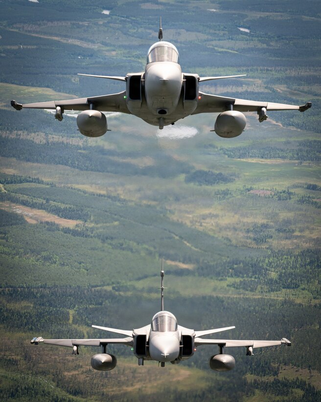 Military aircraft from the Sweden and Czech Republic fly in a stack formation over Finland as part of exercise Ramstein Flag, June 16, 2026. Ramstein Flag 2026 is a complex, large-scale, tactical-level exercise which demonstrates NATO’s determination to counter modern and emerging threats through distributed operations. (U.S. Air National Guard photo by Senior Airman Annaliese Billings)