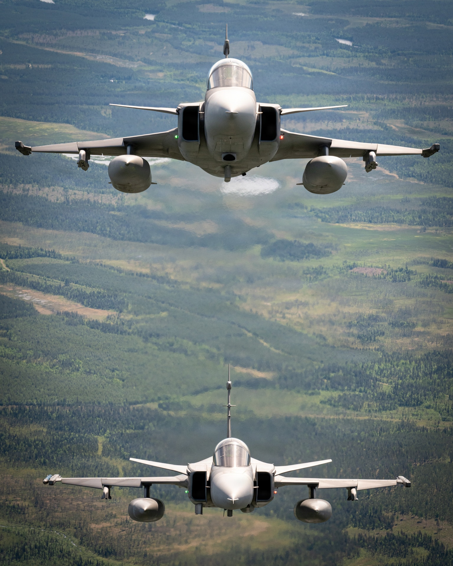 Military aircraft from the Sweden and Czech Republic fly in a stack formation over Finland as part of exercise Ramstein Flag, June 16, 2026. Ramstein Flag 2026 is a complex, large-scale, tactical-level exercise which demonstrates NATO’s determination to counter modern and emerging threats through distributed operations. (U.S. Air National Guard photo by Senior Airman Annaliese Billings)