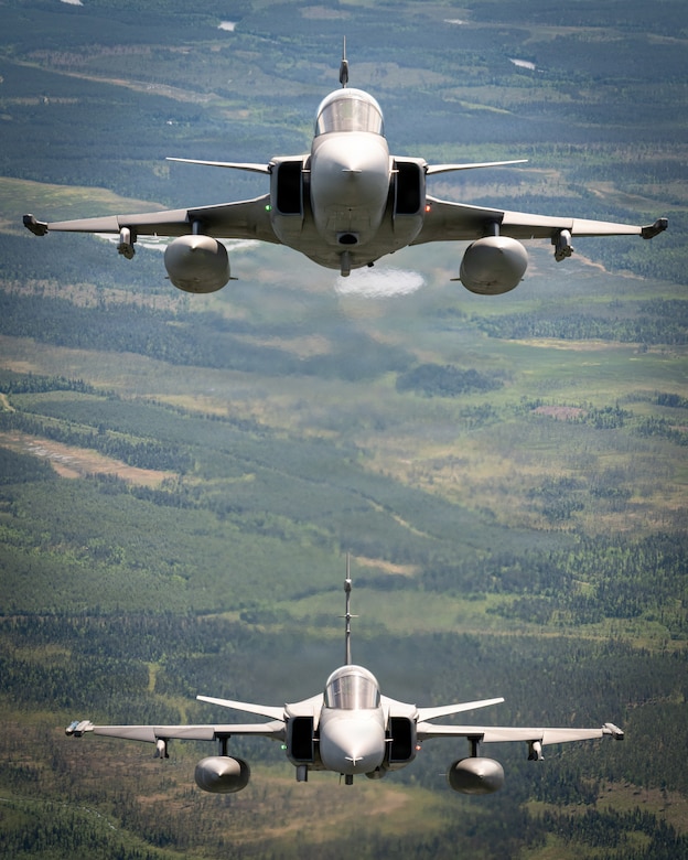 Military aircraft from the Sweden and Czech Republic fly in a stack formation over Finland as part of exercise Ramstein Flag, June 16, 2026. Ramstein Flag 2026 is a complex, large-scale, tactical-level exercise which demonstrates NATO’s determination to counter modern and emerging threats through distributed operations. (U.S. Air National Guard photo by Senior Airman Annaliese Billings)