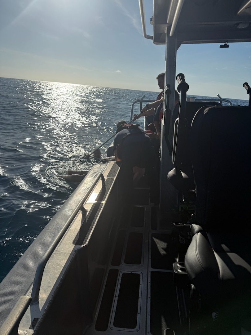 A U.S. Coast Guard Station Miami Beach boat crew rescued two men, four miles east of Elliot Key, after both individuals reportedly drifted away from their vessel near Ceasar Creek, June 21, 2026. No injuries were reported. (U.S. Coast Guard photo courtesy of Station Miami Beach rescue crew)