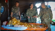 Maj. Gen. Lance Okamura, deputy commanding general of U.S. Army Pacific–Homeland Affairs, and Rear Adm. Suzanne Bailey, deputy commander of U.S. Third Fleet, observe a medical treatment demonstration during a distinguished visitor day for Exercise MARARA 26 in Tahiti, French Polynesia, June 16, 2026.