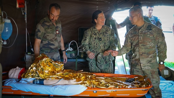 Maj. Gen. Lance Okamura, deputy commanding general of U.S. Army Pacific–Homeland Affairs, and Rear Adm. Suzanne Bailey, deputy commander of U.S. Third Fleet, observe a medical treatment demonstration during a distinguished visitor day for Exercise MARARA 26 in Tahiti, French Polynesia, June 16, 2026.