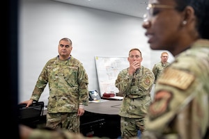 U.S. Air Force Senior Airman Emily Rapley, 35th Maintenance Group maintenance operation center (MOC) controller, speaks with 35th Fighter Wing (FW) leaders during a MOC immersion tour as part of a Wild Weasel Walk-Through.
