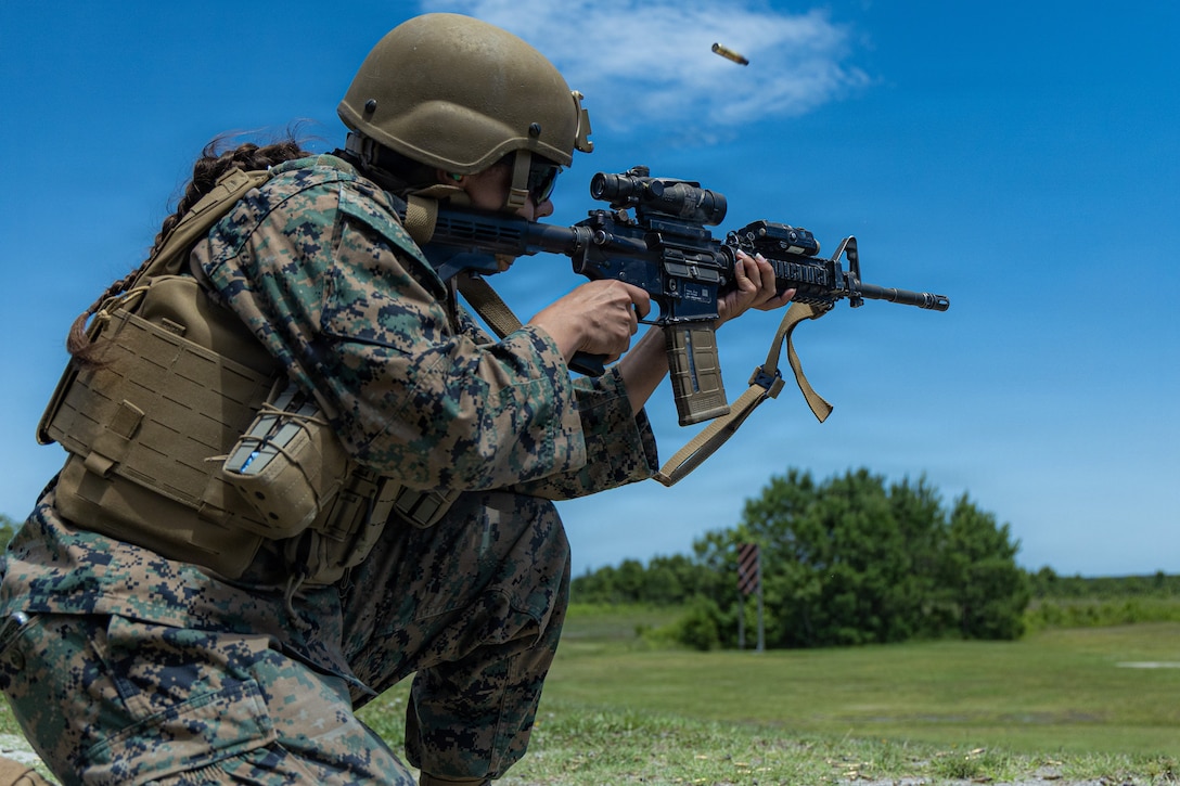 A U.S. Navy corpsman with Combat Logistics Battalion 8, Littoral Combat Force-24, shoots from the kneeling position at unknown distance targets on Marine Corps Base Camp Lejeune, North Carolina, June 2, 2026. U.S. military forces are deployed to the U.S. Southern Command area of responsibility in support of Operation SOUTHERN SPEAR, Department of War-directed operations, and the president’s priorities to disrupt illicit drug trafficking, deter malign actors and protect the homeland through continuous presence. (U.S. Marine Corps photo)