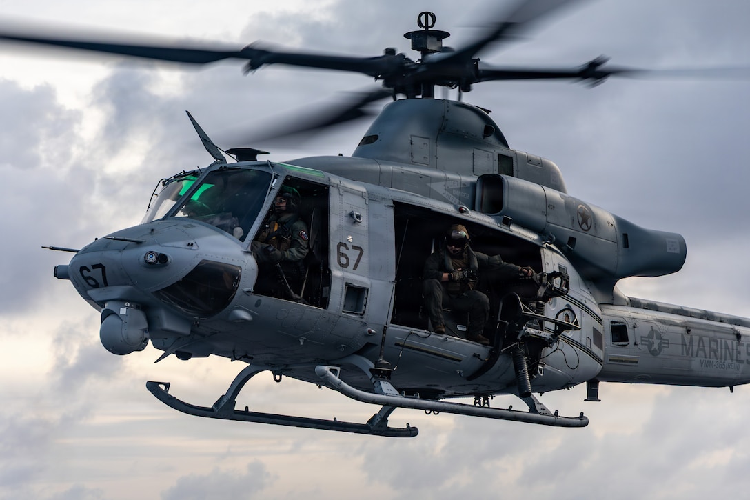 A U.S. Marine Corps UH-1Y Venom assigned to Marine Medium Tiltrotor Squadron (VMM) 365 (Reinforced), Littoral Combat Force-24, departs San Antonio-class amphibious transport dock USS Fort Lauderdale (LPD 28) during night deck landing qualifications while underway in the Caribbean Sea, June 6, 2026. U.S. military forces are deployed to the U.S. Southern Command area of responsibility in support of Operation SOUTHERN SPEAR, Department of War-directed operations, and the president’s priorities to disrupt illicit drug trafficking, deter malign actors and protect the homeland through continuous presence. (U.S. Marine Corps photo)