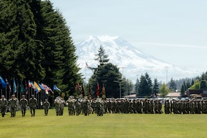 Dozens of soldiers, some holding flags, stand in formation on a field, with a snow-capped mountain in the distant background.