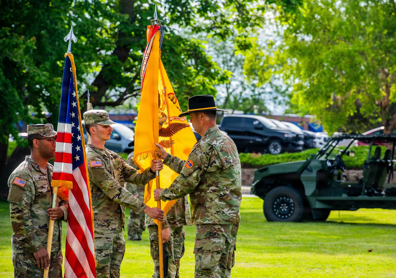 Command Sgt. Maj. Dallas J. Scott holds the battalion guidon during the reorganization ceremony transitioning the 2nd Battalion, 116th Combined Arms Battalion to the 2nd Battalion, 116th Cavalry Regiment, June 18, 2026, at Gowen Field, Boise, Idaho.