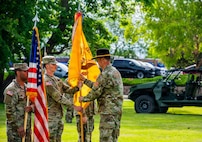 Command Sgt. Maj. Dallas J. Scott holds the battalion guidon during the reorganization ceremony transitioning the 2nd Battalion, 116th Combined Arms Battalion to the 2nd Battalion, 116th Cavalry Regiment, June 18, 2026, at Gowen Field, Boise, Idaho.