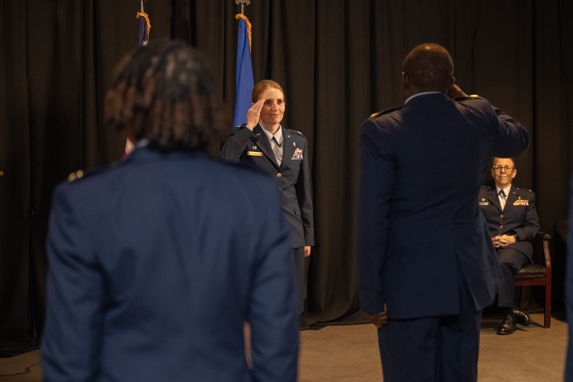 U.S. Air Force Lt. Col. Katrina Dyke, Laughlin Operational Medical Readiness Squadron (LOMRS) commander, renders a first salute to their squadron during the LOMRS change of command ceremony at Laughlin Air Force Base, Texas, June 18, 2026. The LOMRS provides primarily active duty healthcare services in Flight Medicine, Optometry, Health and Wellness, Dental, Public Health, Bioenvironmental Engineering, Mental Health and Medical Readiness. (U.S. Air Force photo by Airman 1st Class Darryl Keith)