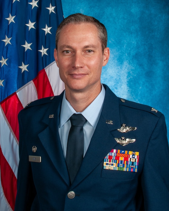 U.S. Col. Jpseph P. King, 145th Airlift Wing commander, pose foe an official photo at the Charlotte Air National Guard Base, Charlotte, N.C., May 14, 2026.