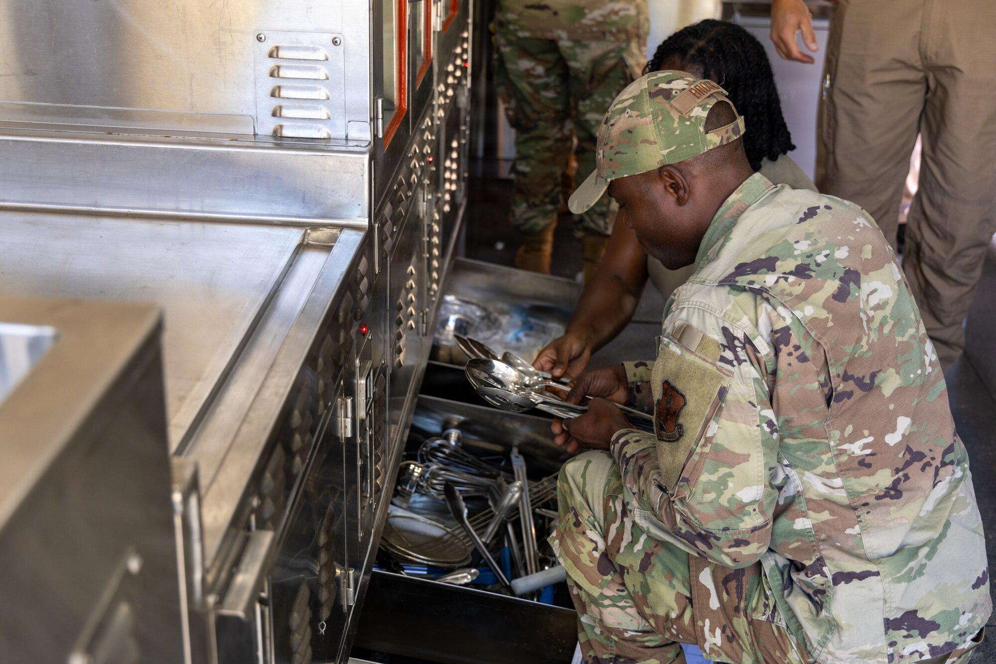 U.S. Air Force Staff Sgt. Moses Brooks, 145th Force Support Squadron services specialist, inventories slotted spoons during a three-day training course at the Charlotte Air National Guard Base, Charlotte, N.C., April 21-23, 2026.