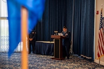 U.S. Air Force Maj. Jonathan G. Yeap, 11th Contracting Squadron incoming commander, addresses the audience at the 11th CONS change of command ceremony at Joint Base Anacostia-Bolling, Washington, D.C., June 17, 2026. Yeap previously served as the congressional liaison at the Office of the Secretary of the Air Force and has 14 years of military service. (U.S. Air Force photo by Senior Airman Shanel Toussaint)