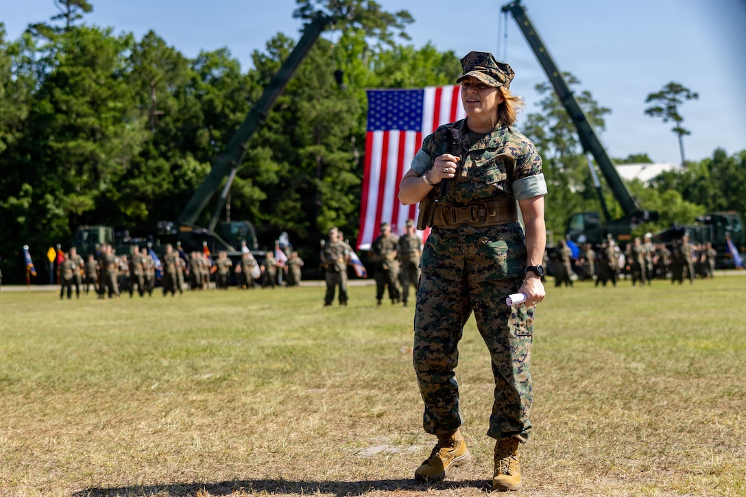 U.S. Marine Corps Brig. Gen. Lauren Edwards, oncoming commanding general of 2nd Marine Logistics Group, speaks to guests during a change of command ceremony at Marine Corps Base Camp Lejeune, North Carolina, June 11, 2026. The change of command ceremony is a time-honored tradition which formally signifies the transfer of command and entails the total accountability, authority and responsibility from one individual to another. (U.S. Marine Corps photo by Sgt. Rafael Brambila-Pelayo)