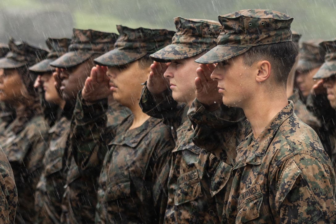 Marines in camouflage uniforms salute in the rain on an overcast day.