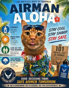 A magazine-cover-style graphic of a cat in a Hawaiian shirt with safety messages surrounding it