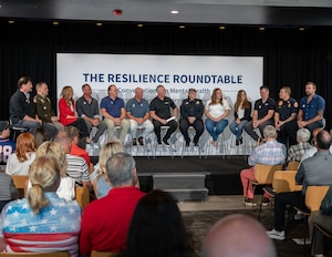Panelists participate in a discussion during "In the Open: Strength Beyond the Uniform" at The Ballpark at America First Square, June 13, 2025. The roundtable focused on shared experiences with stress, trauma and resilience among military members, first responders and former professional athletes. (Utah National Guard photo by Master Sgt. Nicholas Perez)