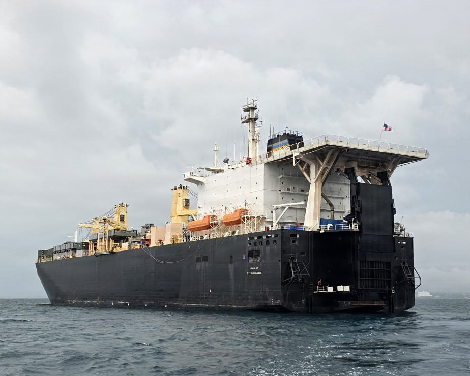 Maritime prepositioning ship USNS 1st LT Jack Lummus (T-AK 3011) arrives at Kin Bay, Okinawa, Japan, June 13, 2026, to participate in an upcoming logistics display during Exercise Freedom Banner, and commence an underway multi-ship training exercise called Group Sail.