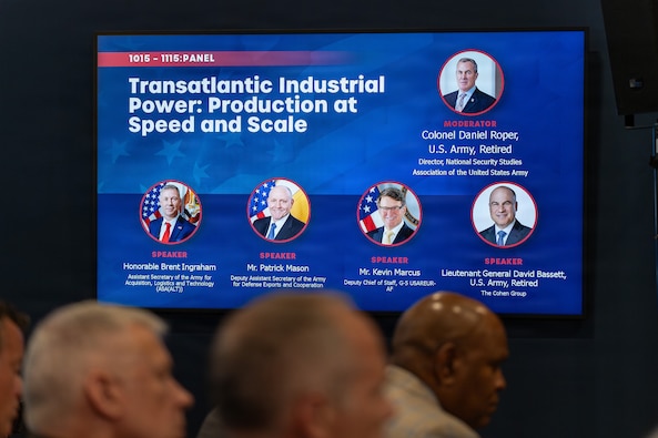 Retired U.S. Army Col. Daniel Roper, director of national security studies for the Association of the United States Army, moderates a panel titled “Transatlantic Industrial Power: Production at Speed and Scale” during Eurosatory 2026 at the Paris Nord Villepinte Exhibition Centre in Villepinte, France, June 17, 2026. The panel featured Brent Ingraham, assistant secretary of the Army for acquisition, logistics, and technology; Patrick Mason, deputy assistant secretary of the Army for defense exports and cooperation; Kevin Marcus, U.S. Army Europe and Africa deputy chief of staff, G-5; and retired U.S. Army Lt. Gen. David Bassett, with The Cohen Group. The discussion focused on transatlantic industrial cooperation, production capacity, and the need to deliver capabilities at speed and scale to support readiness, modernization, and deterrence. Eurosatory is a biennial international defense and security exhibition that brings together military, government, and industry leaders to highlight land and air defense capabilities, emerging technologies, and partnerships that support modernization and readiness. (U.S. Army photo by Maj. Alexander Watkins)
