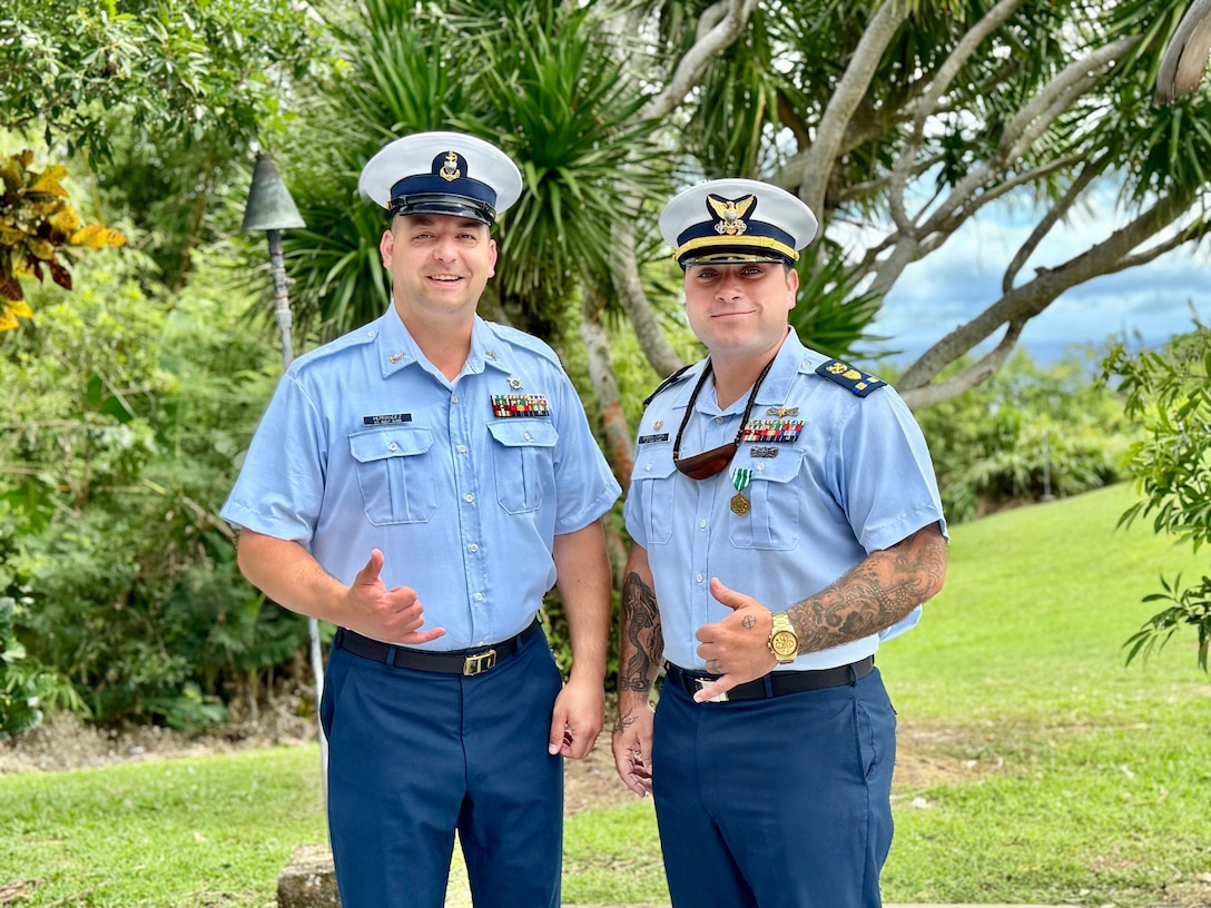 Senior Chief Petty Officer Calvin Hernandez assumes command of U.S. Coast Guard Station Apra Harbor from Chief Warrant Officer Kyle Breen-Tapia in a change of command ceremony at Top o’the Mar in Guam on June 23, 2026. Capt. Jessica Worst, commander of U.S. Coast Guard Forces Micronesia/Sector Guam, presided over the ceremony. During Breen-Tapia's tenure as officer-in-charge from June 2025 to June 2026, he led 51 active-duty and reserve personnel through more than 500 resource sorties and 2,500 underway hours across the remote waters of Micronesia, saving or assisting 106 lives. (U.S. Coast Guard photo by Lt. Sara Muir)