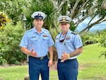 Senior Chief Petty Officer Calvin Hernandez assumes command of U.S. Coast Guard Station Apra Harbor from Chief Warrant Officer Kyle Breen-Tapia in a change of command ceremony at Top o’the Mar in Guam on June 23, 2026. Capt. Jessica Worst, commander of U.S. Coast Guard Forces Micronesia/Sector Guam, presided over the ceremony. During Breen-Tapia's tenure as officer-in-charge from June 2025 to June 2026, he led 51 active-duty and reserve personnel through more than 500 resource sorties and 2,500 underway hours across the remote waters of Micronesia, saving or assisting 106 lives. (U.S. Coast Guard photo by Lt. Sara Muir)