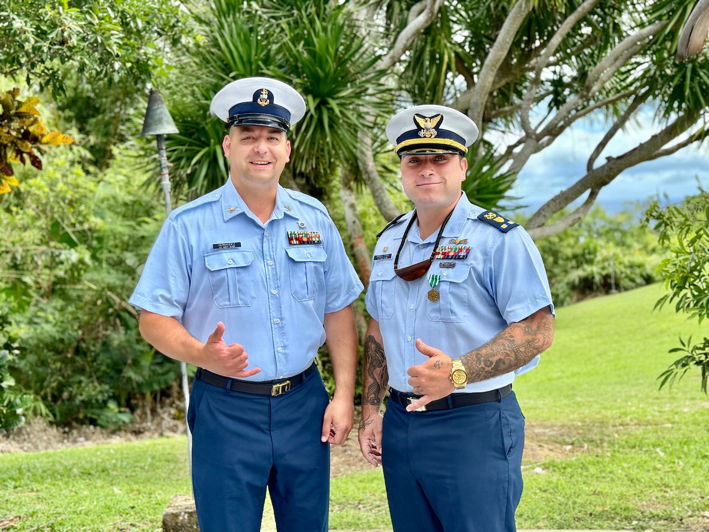 Senior Chief Petty Officer Calvin Hernandez assumes command of U.S. Coast Guard Station Apra Harbor from Chief Warrant Officer Kyle Breen-Tapia in a change of command ceremony at Top o’the Mar in Guam on June 23, 2026. Capt. Jessica Worst, commander of U.S. Coast Guard Forces Micronesia/Sector Guam, presided over the ceremony. During Breen-Tapia's tenure as officer-in-charge from June 2025 to June 2026, he led 51 active-duty and reserve personnel through more than 500 resource sorties and 2,500 underway hours across the remote waters of Micronesia, saving or assisting 106 lives. (U.S. Coast Guard photo by Lt. Sara Muir)