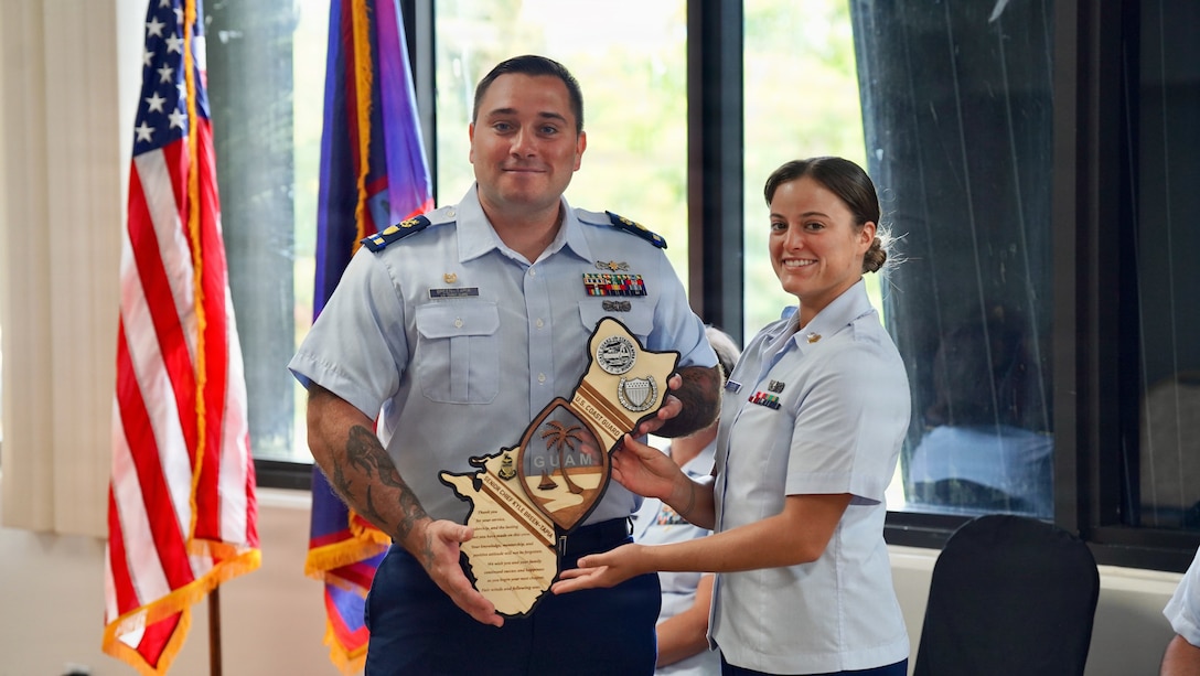 Senior Chief Petty Officer Calvin Hernandez assumes command of U.S. Coast Guard Station Apra Harbor from Chief Warrant Officer Kyle Breen-Tapia in a change of command ceremony at Top o’the Mar in Guam on June 23, 2026. Capt. Jessica Worst, commander of U.S. Coast Guard Forces Micronesia/Sector Guam, presided over the ceremony. During Breen-Tapia's tenure as officer-in-charge from June 2025 to June 2026, he led 51 active-duty and reserve personnel through more than 500 resource sorties and 2,500 underway hours across the remote waters of Micronesia, saving or assisting 106 lives. (U.S. Coast Guard photo by Lt. Sara Muir)