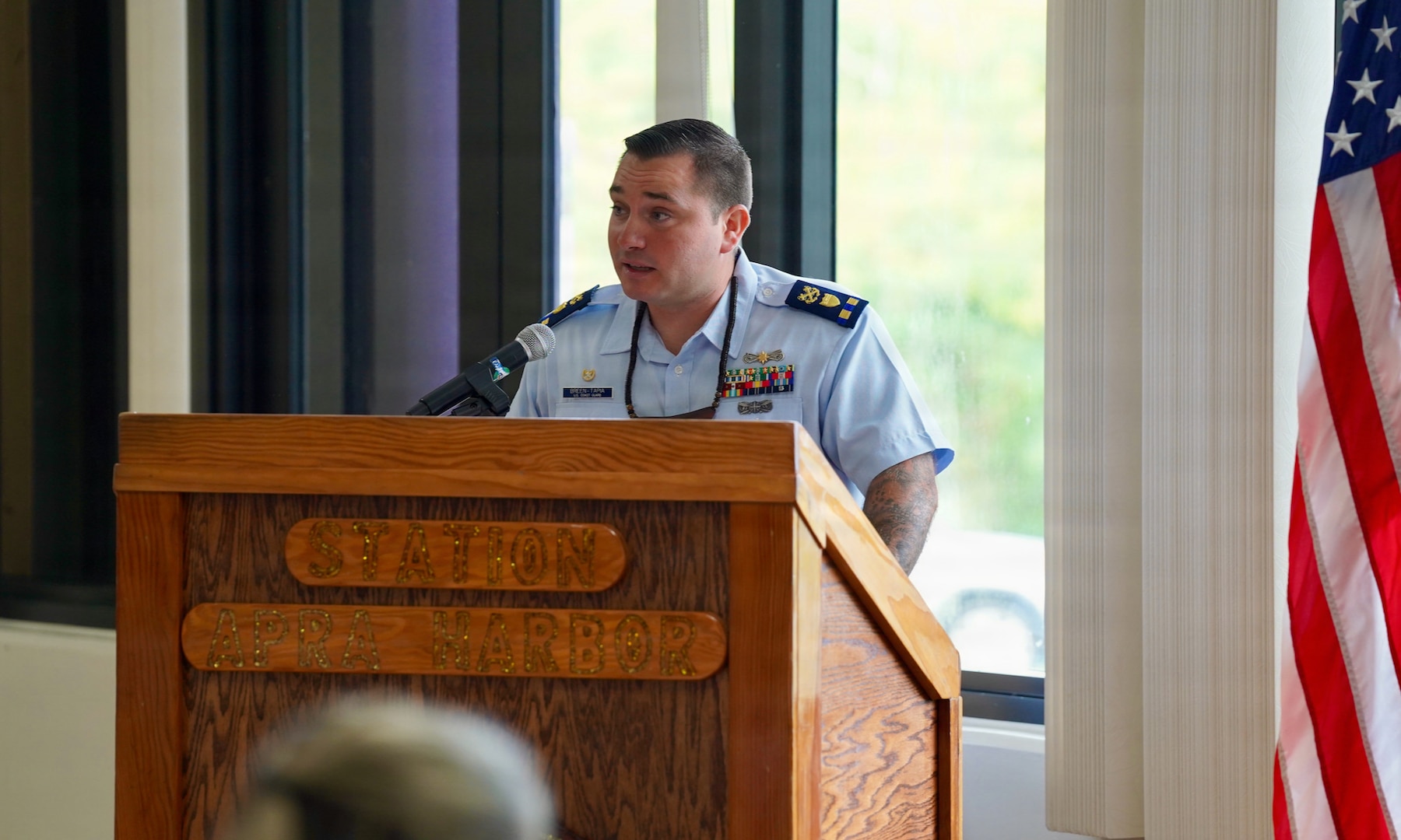 Senior Chief Petty Officer Calvin Hernandez assumes command of U.S. Coast Guard Station Apra Harbor from Chief Warrant Officer Kyle Breen-Tapia in a change of command ceremony at Top o’the Mar in Guam on June 23, 2026. Capt. Jessica Worst, commander of U.S. Coast Guard Forces Micronesia/Sector Guam, presided over the ceremony. During Breen-Tapia's tenure as officer-in-charge from June 2025 to June 2026, he led 51 active-duty and reserve personnel through more than 500 resource sorties and 2,500 underway hours across the remote waters of Micronesia, saving or assisting 106 lives. (U.S. Coast Guard photo by Lt. Sara Muir)