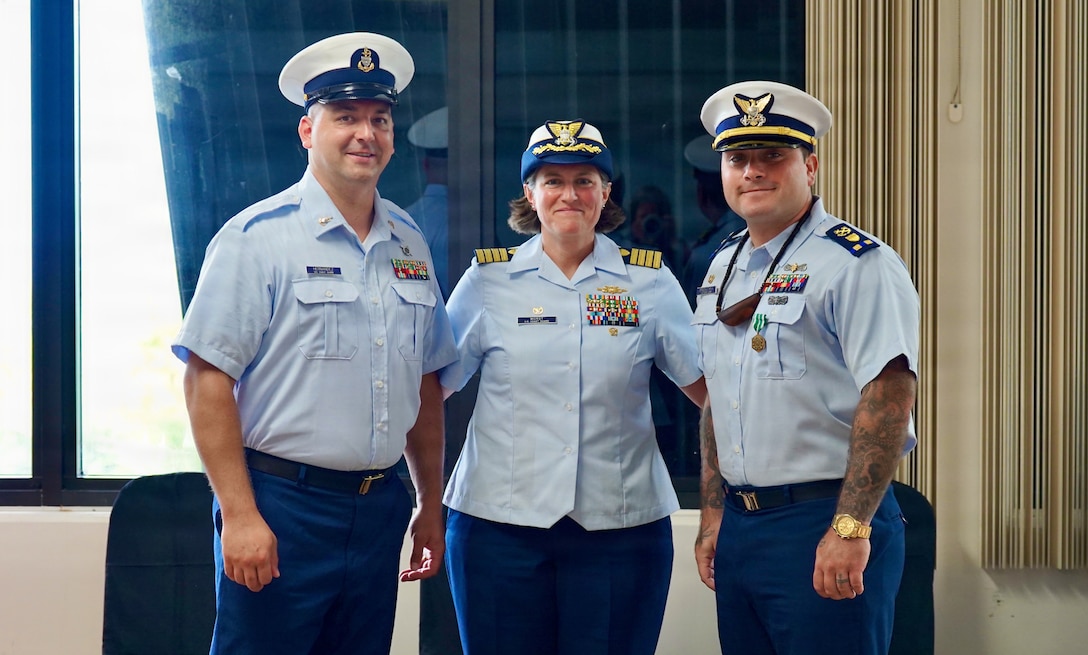 Senior Chief Petty Officer Calvin Hernandez assumes command of U.S. Coast Guard Station Apra Harbor from Chief Warrant Officer Kyle Breen-Tapia in a change of command ceremony at Top o’the Mar in Guam on June 23, 2026. Capt. Jessica Worst, commander of U.S. Coast Guard Forces Micronesia/Sector Guam, presided over the ceremony. During Breen-Tapia's tenure as officer-in-charge from June 2025 to June 2026, he led 51 active-duty and reserve personnel through more than 500 resource sorties and 2,500 underway hours across the remote waters of Micronesia, saving or assisting 106 lives. (U.S. Coast Guard photo by Lt. Sara Muir)