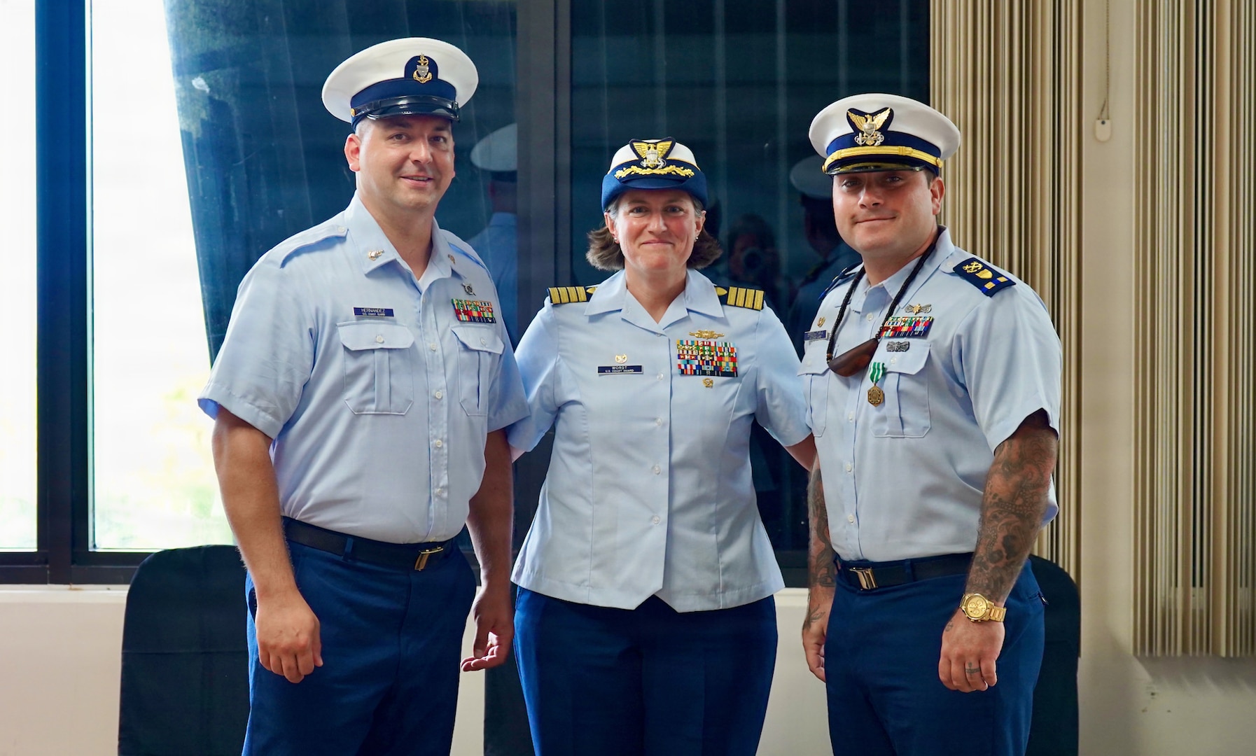 Senior Chief Petty Officer Calvin Hernandez assumes command of U.S. Coast Guard Station Apra Harbor from Chief Warrant Officer Kyle Breen-Tapia in a change of command ceremony at Top o’the Mar in Guam on June 23, 2026. Capt. Jessica Worst, commander of U.S. Coast Guard Forces Micronesia/Sector Guam, presided over the ceremony. During Breen-Tapia's tenure as officer-in-charge from June 2025 to June 2026, he led 51 active-duty and reserve personnel through more than 500 resource sorties and 2,500 underway hours across the remote waters of Micronesia, saving or assisting 106 lives. (U.S. Coast Guard photo by Lt. Sara Muir)
