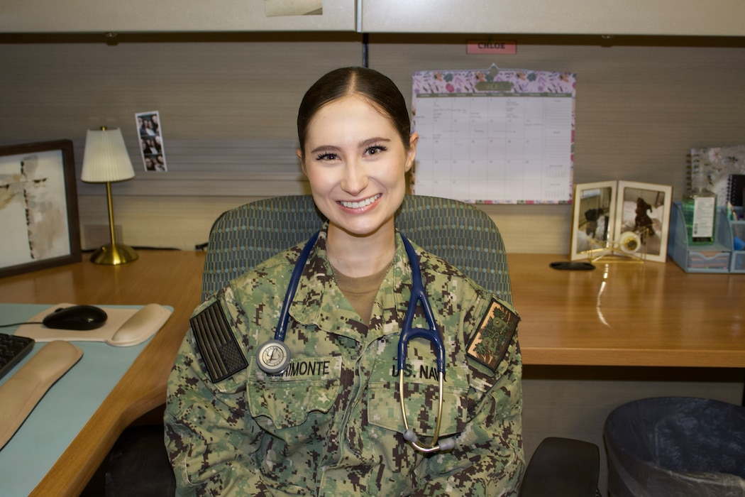 Hospitalman Chloe Gerimonte poses for a photo inside the Adult Medical Care Clinic at Navy Medicine Readiness and Training Command Twentynine Palms aboard Marine Corps Air Ground Combat Center Twentynine Palms, California, April 1, 2026. Gerimonte previously worked at the clinic as a civilian contractor before answering the call to serve and joining the Navy Hospital Corps. (U.S. Navy photo by Hospital Apprentice Evelyn Zermeno, NH/NMRTC Twentynine Palms public affairs).