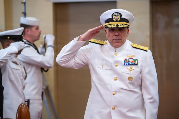 Rear Adm. Matthew Case, U.S. Navy deputy surgeon general, is rung aboard as the guest speaker for the Navy Medicine Readiness and Training Command New England Change of Command ceremony aboard Naval Station Newport, R.I., on June 10, 2026.  (U.S. Navy photo by Mass Communication Specialist 1st Class Jacob Allison)