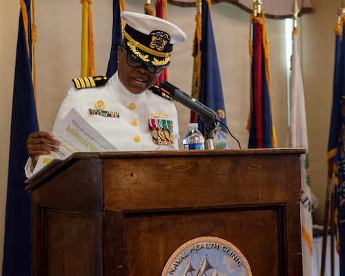 Capt. Rona Green, gives remarks during her retirement ceremony aboard Naval Station Newport, R.I., June 10, 2026. Green served the Navy for 37 years of dedicated and honorable service (U.S. Navy photo by Mass Communication Specialist 1st Class Jacob Allison)
