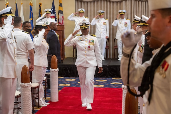 Capt. Rona Green, is piped ashore after 37 years of service after the Navy Medicine Readiness and Training Command New England during the Change of Command ceremony aboard Naval Station Newport, R.I., June 10, 2026. Green served the Navy for 37 years of dedicated and honorable service. (U.S. Navy photo by Mass Communication Specialist 1st Class Jacob Allison)