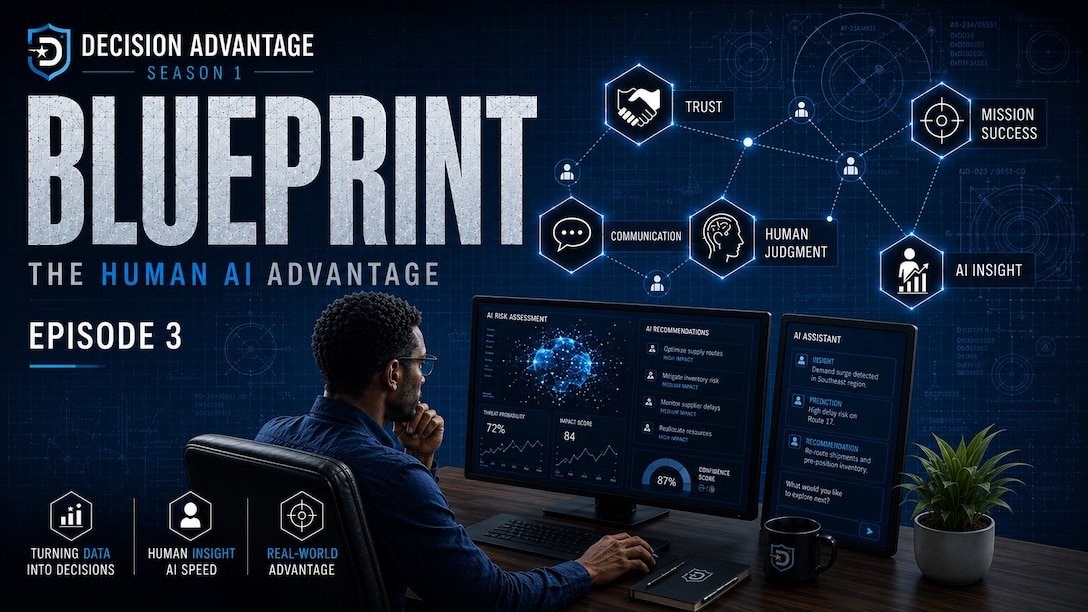 A graphic that says "Blueprint" with a man watching several computer screens.