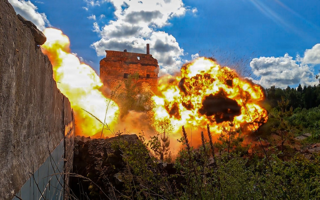 An expedient concrete blast is charged during exercise Baltic Operations 26 in Skrunda, Latvia, June 6, 2026. BALTOPS 2026, the premiere maritime-focused exercise in the Baltic Region, provides a unique training opportunity to strengthen combined response capabilities critical to preserving freedom of navigation and security in the Baltic Sea. (U.S. Marine Corps photo by Lance Cpl. Brady Hathaway)