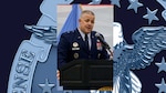 Air Force one-star General standing at a podium delivering remarks to audience members/attendees during a change of command ceremony