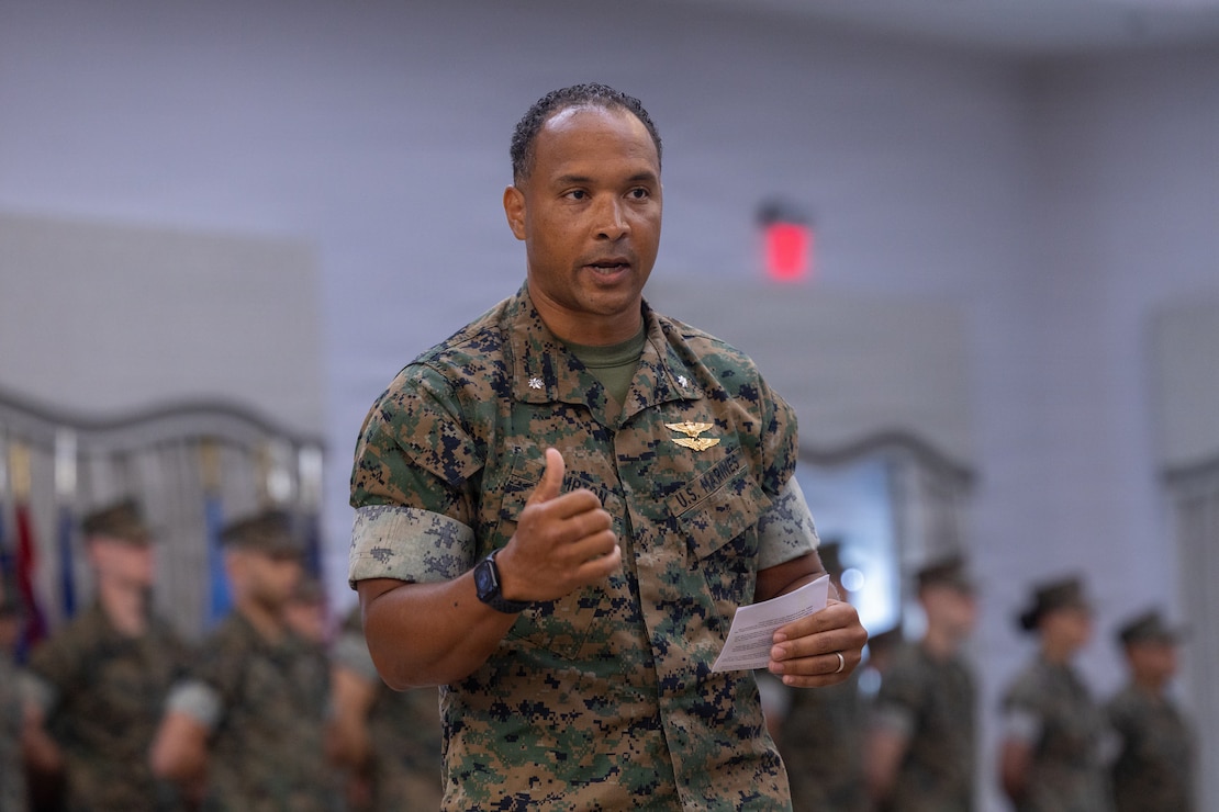 U.S. Marine Corps Lt. Col. Brian Hampton, from Illinois, the incoming commanding officer of Marine Unmanned Aerial Vehicle Training Squadron (VMUT) 2, Marine Aircraft Group 14, 2nd Marine Aircraft Wing, speaks during a change of command ceremony at Marine Corps Air Station Cherry Point, North Carolina, June 17, 2026. The ceremony represented the transfer of authority, accountability and leadership from Lt. Col. Jonathan Boersma, from Illinois, the outgoing commanding officer, to Hampton. (U.S. Marine Corps photo by Lance Cpl. Jacsive Betancourt)