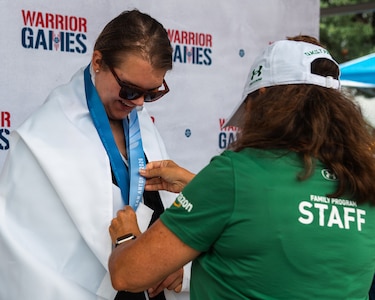 U.S. Army Capt. Vanessa Munro, Team Army, receives a medal following the cycling competition during the 2026 Warrior Games in San Antonio, Texas, June 14, 2026.